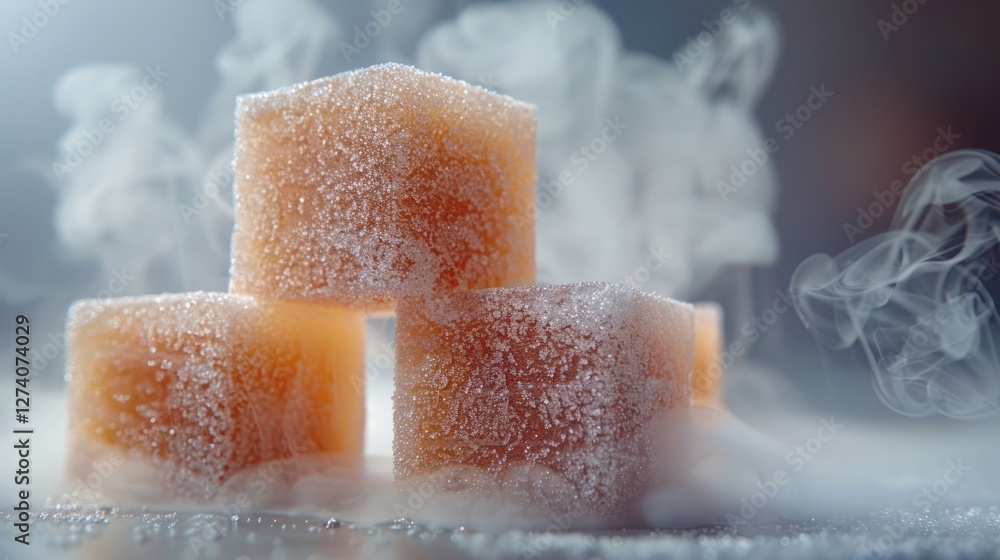 Poster four sugar cubes surrounded by mist, creating a visually striking and ethereal scene.