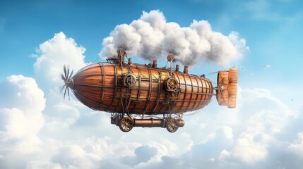 Obraz premium Vintage wooden steampunk airship floating among white clouds in blue sky