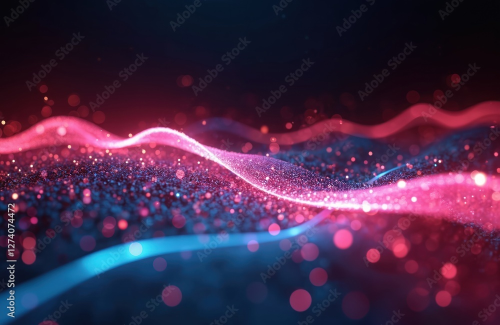 Poster abstract futuristic background with pink and blue neon glowing wavy lines. high speed data transfer 