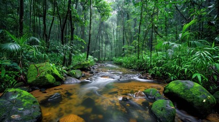 Lush rainforest with a serene stream flowing through vibrant greenery.