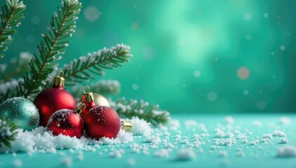 Frosty winter scene with ornaments on a green background, calm, scenery, frost