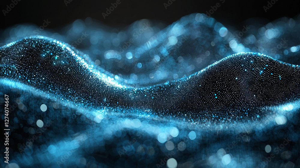 Poster luminescent particles cascade forming undulating, futuristic waves