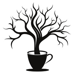 "A coffee cup with steam transforming into a swirl of stars, planets, and a crescent moon."
silhouette vector art illustration 