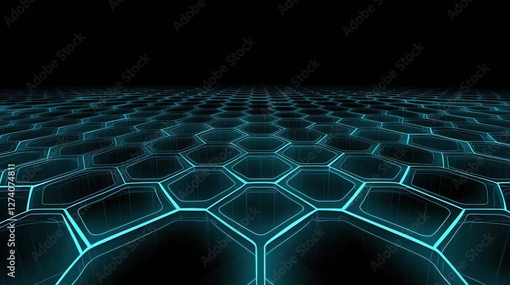 Poster a futuristic hexagonal grid pattern glowing in blue against a dark background, suggesting a digital 