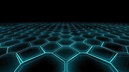 Obraz premium A futuristic hexagonal grid pattern glowing in blue against a dark background, suggesting a digital or technological theme.