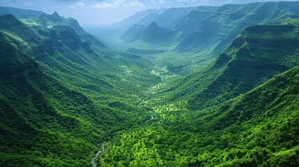 Fototapeta premium Lush green valley with mountains and a winding river under a clear sky.