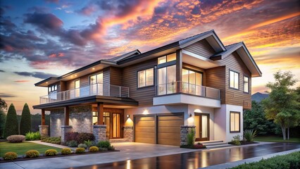 Cloudy day perspective of a modern two-story house, rendered in 3D.