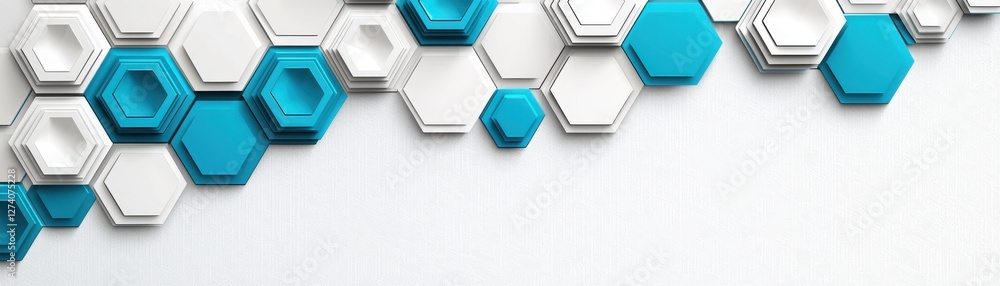 Poster a modern design featuring interlocking hexagons in turquoise and white against a clean background, c