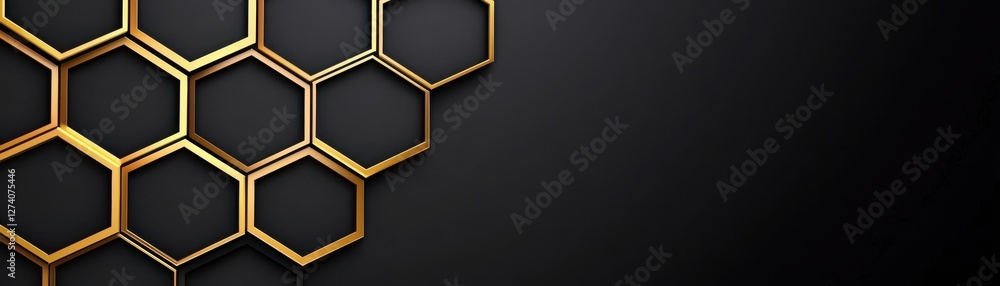 Poster a sleek, modern design featuring interlocking golden hexagons on a dark background, emphasizing eleg
