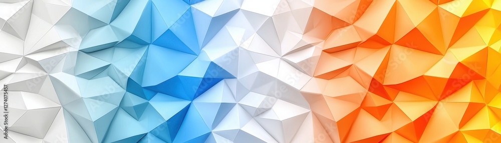 Poster a vibrant, abstract design featuring a gradient of blue and orange hues with a textured, 3d-like tri