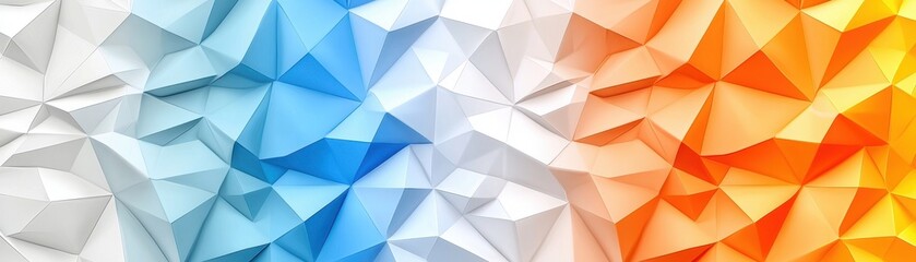 Obraz premium A vibrant, abstract design featuring a gradient of blue and orange hues with a textured, 3D-like triangular pattern.