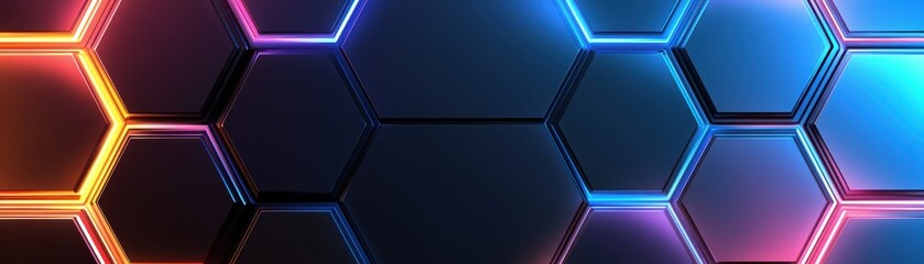 A vibrant, hexagonal pattern with glowing edges in blue, pink, and orange, creating a modern, tech-inspired backdrop.