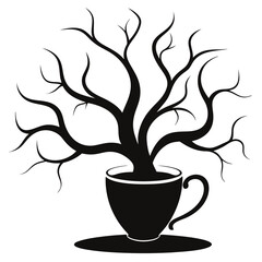 "A coffee cup with steam transforming into a swirl of stars, planets, and a crescent moon."
silhouette vector art illustration 