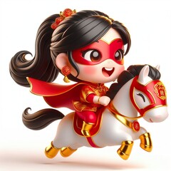Fototapeta premium A cute 3d red gold happy superhero Chinese girl riding a horse, funny, happy, smile, white background