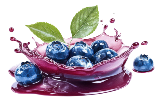 Fresh blueberries splashing into vibrant juice creating a colorful display on white background isolated on transparent background