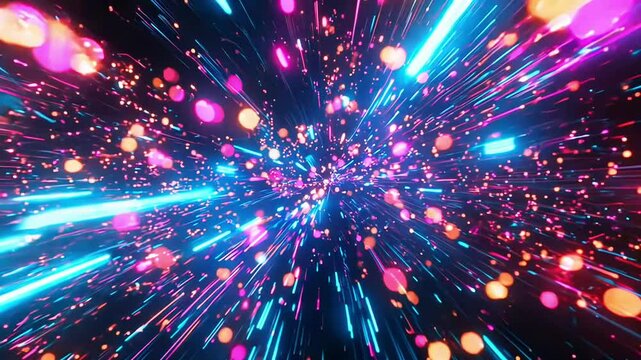 Colorful light trails in dynamic space explosion effect with vibrant particle motion abstract background