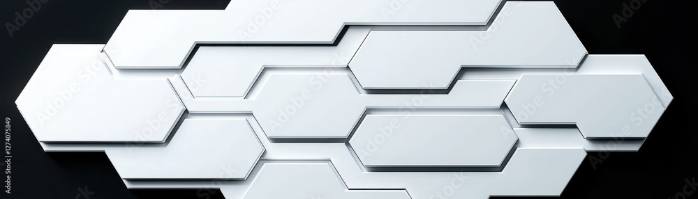 Poster a modern, abstract design featuring interlocking hexagonal shapes in white, set against a dark backg