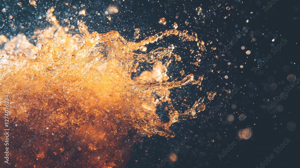 Poster a sphere splashing in golden liquid creates a captivating image, enhanced by shimmering bokeh lights