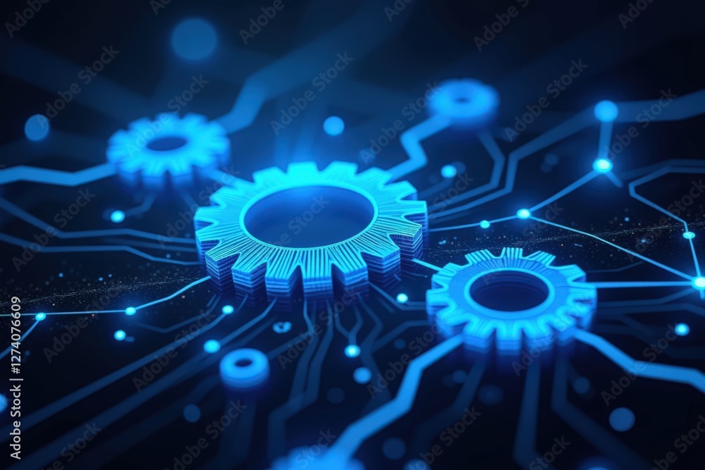 Poster intricate network of blue gears on a dark background demonstrating advanced technology and digital i