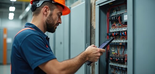 Man in helmet holds tablet near electrical panel using app. Electrician in work overall, energy company employee controls system. Technician trades with wires, wiring, maintenance in industry.