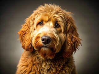 Fototapeta premium Close-up golden doodle panorama; dog portrait, ample room.