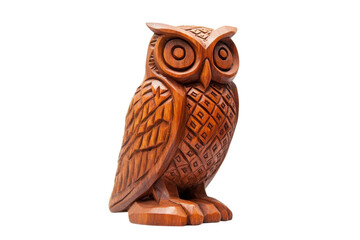 Intricately carved wooden owl sculpture standing proudly against a bright, plain background...