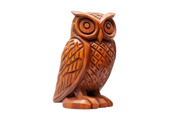 Intricately carved wooden owl sculpture standing proudly against a bright, plain background isolated on transparent background