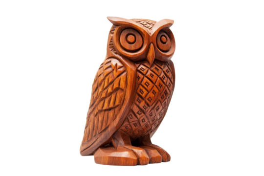 Intricately carved wooden owl sculpture standing proudly against a bright, plain background isolated on transparent background