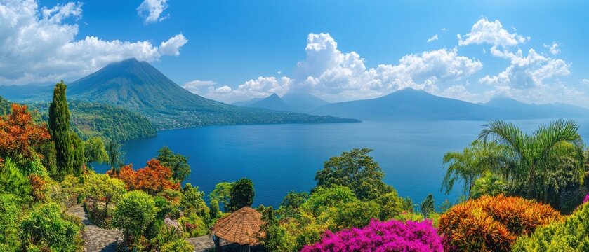 Panoramic view of Lake Atitlan with volcanoes and colorful flowers