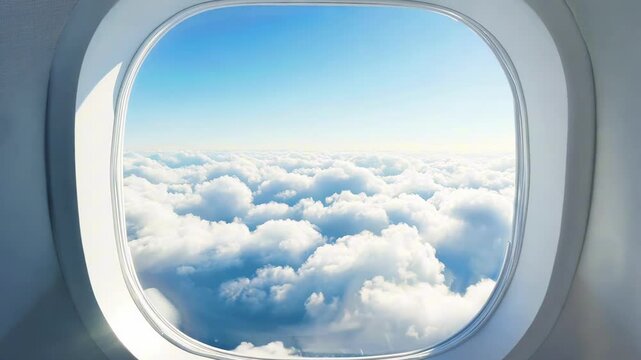 Serene aerial view through airplane window over fluffy clouds