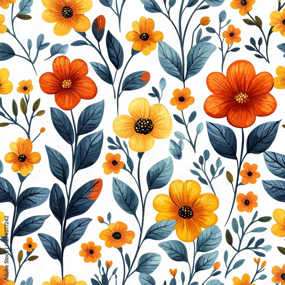 Poster a cheerful floral pattern with an array of colorful flowers and leaves is presented on a white backg
