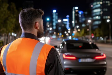 An attentive security officer in a reflective vest oversees vehicle traffic at night, set against a backdrop of illuminated urban skyscrapers and vibrant city life.