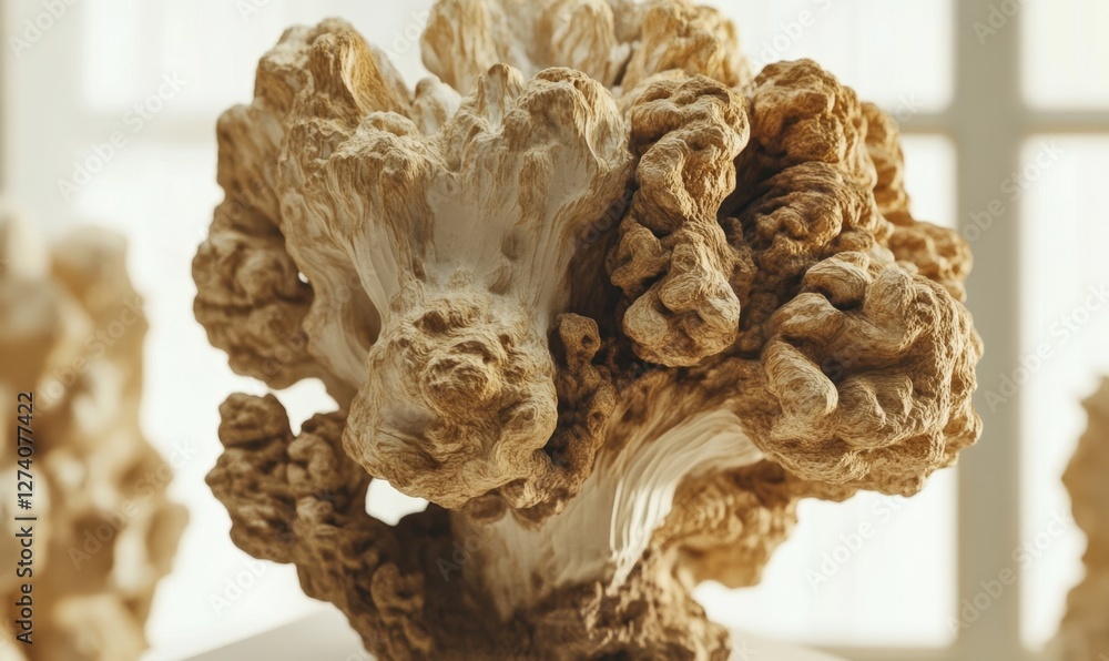 Poster intricate textured sculpture resembling natural forms displayed in a bright gallery setting