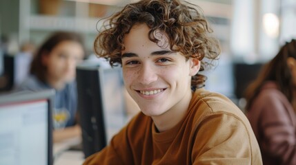 "A young individual, possibly a male teenager, sitting at a computer desk with a bright smile, in an indoor setting with blurred background figures that suggest a casual environment."