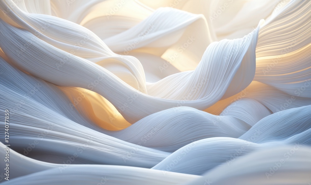 Poster serene white waves of textured fabric undulate softly, illuminated by warm light in the background