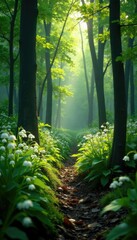 Fototapeta premium Dense forest foliage with lily of the valley flowers white and fragrant, blossoms, trees, springtime