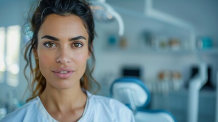 Fototapeta premium In the photo, a woman with makeup is looking at the camera while wearing a white lab coat, standing in front of dental equipment, with a blurred background of a dental office interior.