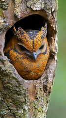 Obraz premium bird camouflaged tree hollow, showcasing its vibrant orange feathers. intricate patterns blend perfectly with bark