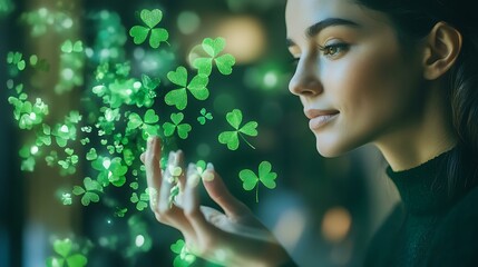 A businesswoman explaining investment strategies with a digital graph featuring a soft green clover pattern