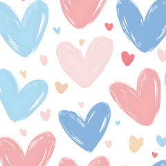 Playful heart pattern in pastel colors, featuring blue, pink, and peach hearts on white background, creating charming and cheerful design