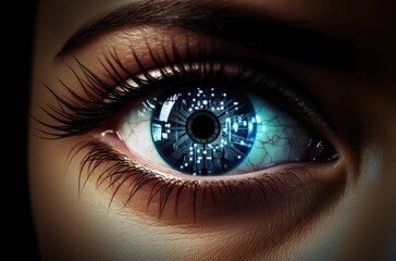 Fototapeta premium Digital eye close up, technology innovation, future trends concept, enhanced vision