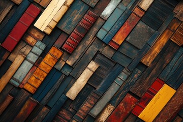 Fototapeta premium Abstract background of multicolored wooden planks arranged in an overlapping pattern, resembling aged books.