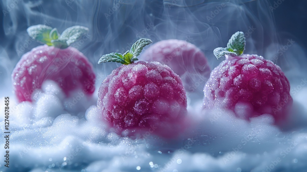 Aufkleber frosted raspberries with mint leaves surrounded by mist create a refreshing and appealing image.
