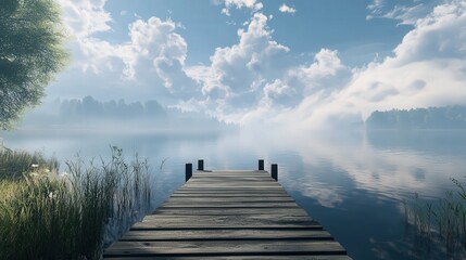 a peaceful lake with a wooden pier extending into the water, surrounded by clouds