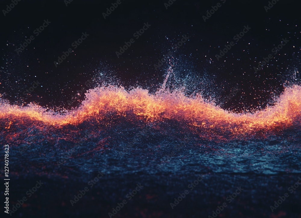 Poster against a dark backdrop, dynamic and energetic visuals are created by abstract wavy lines of orange 