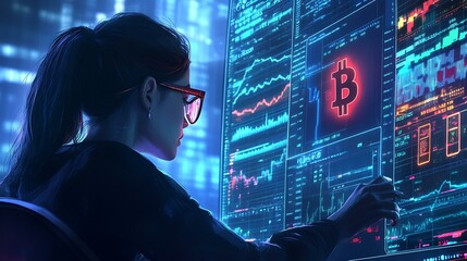 A businesswoman monitoring cryptocurrency fluctuations on a high-tech trading platform with lucky symbols subtly visible