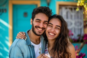 Fototapeta premium Portrait of a joyful couple in their 20s holding happily a key to their new home which they were