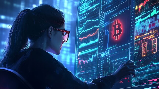 A businesswoman monitoring cryptocurrency fluctuations on a high-tech trading platform with lucky symbols subtly visible