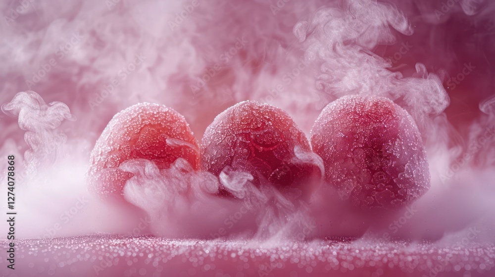 Poster three frosted berries surrounded by mist, creating a captivating and ethereal atmosphere.