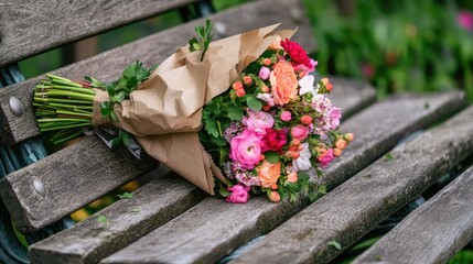 A bouquet of mixed flowers wrapped in rustic paper, placed on a wooden bench in the park.